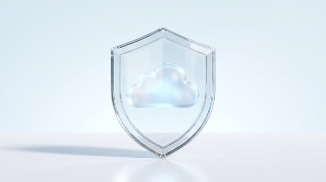 Cloud computing security concept with a digital cloud icon inside a glass shield symbol
