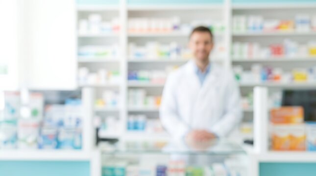 Out of focus view of a bright and clean pharmacy with a staff member behind the counter.