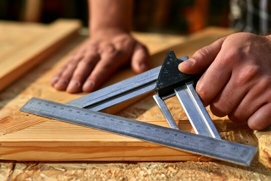 Carpenter hands holding a try square, marking a wooden plank in a workshop