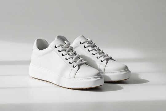 Pair of stylish white leather sneakers isolated on white background