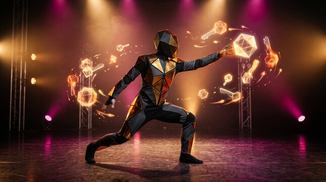 Low poly geometric performer in gold costume with floating glowing keys and shapes on a stage