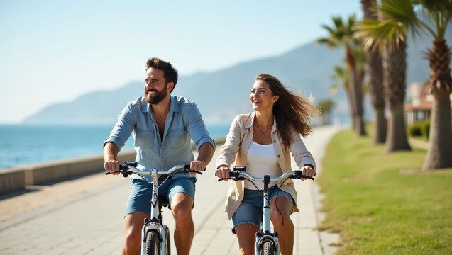 Happy couple riding bicycles along seaside path on sunny day. Summer vacation lifestyle with smiling man and woman enjoying freedom, nature and active leisure outdoors with scenic coastal view