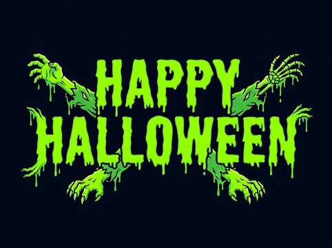 Happy halloween typography design with zombie hands reaching out