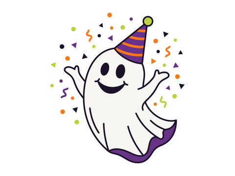 Cute cartoon ghost wearing a colorful party hat surrounded by festive confetti on white background