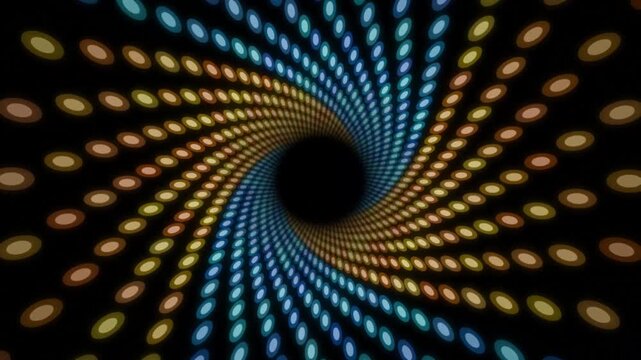 Colorful swirling dots vortex background motion in dark void, abstract digital tunnel effect.