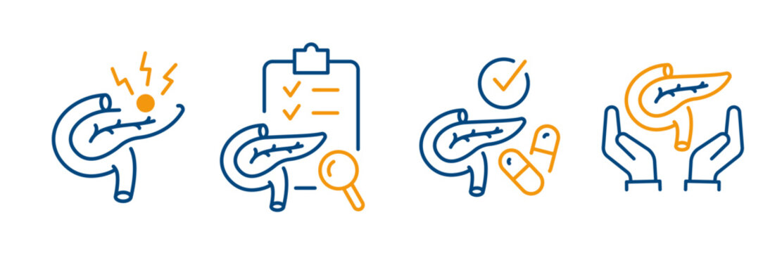 pancreas icons, outline icon set of pain pancreas, gastrointestinal examination, digestive pills, care pancreatic, vector linear editable symbols on white