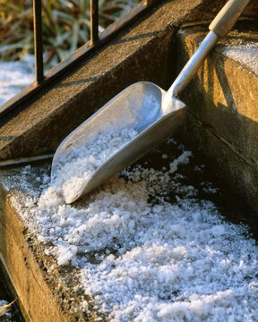 Metal scoop with de-icing salt on concrete steps