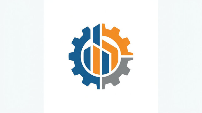 Vector logo combining building and gear. Industrial construction design with blue, orange and gray colors. Perfect for construction company, engineering, property development, manufacturing, and archi