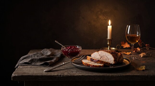 Sliced Thanksgiving turkey breast served with cranberry sauce on a rustic wooden table