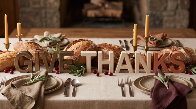 Give Thanks lettering displayed among bread loaves and sage on a Thanksgiving table