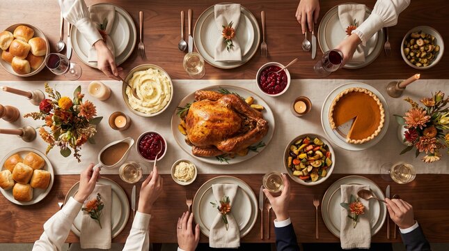 Aerial view of family members sharing dishes at a festive Thanksgiving dinner