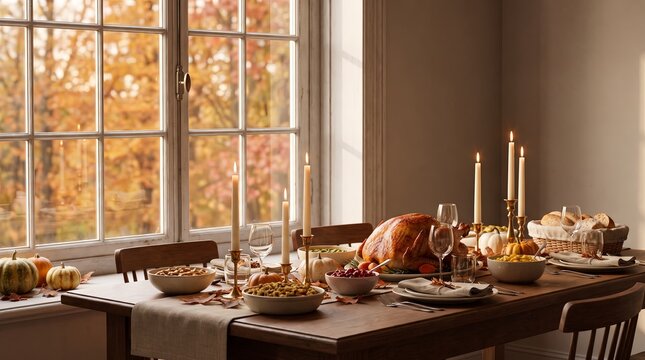 Sunlit Thanksgiving table spread with turkey, pumpkins and fresh bread by a window