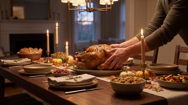 Man placing a herb roasted turkey on a rustic Thanksgiving table