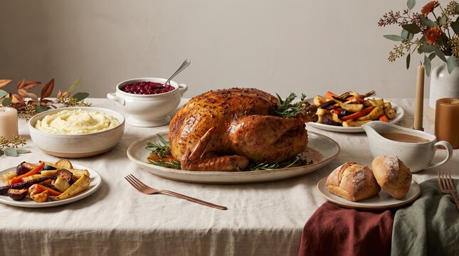 Rustic Thanksgiving dinner table with roast turkey, mashed potatoes and gravy