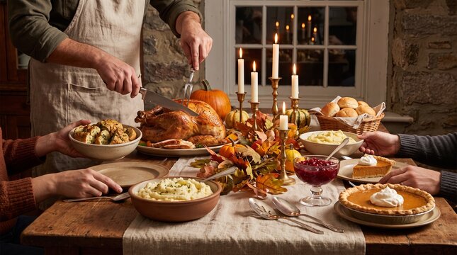 Father carving a roast turkey while family members pass side dishes at Thanksgiving dinner