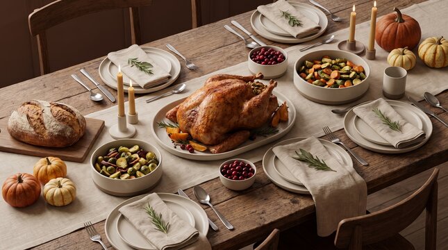 Overhead view of a stuffed Thanksgiving turkey surrounded by cranberries and roasted vegetables