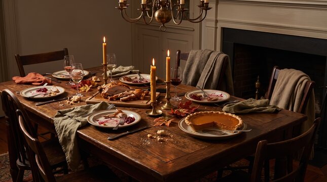 Candlelit dining table after a Thanksgiving feast with carved turkey and pumpkin pie