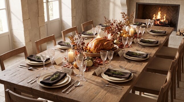 Long farmhouse table set for a Thanksgiving family gathering beside a lit fireplace