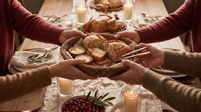 Family members passing a bread basket across a candlelit Thanksgiving table
