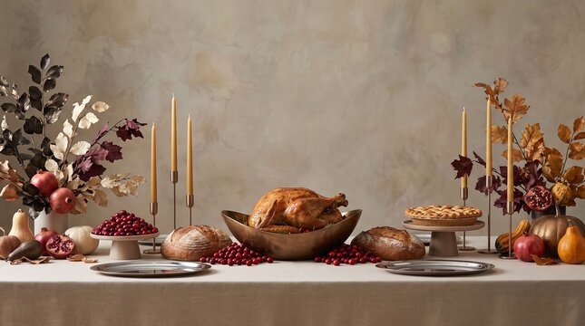 Traditional Thanksgiving feast spread with roast turkey, pumpkin pie and fresh bread