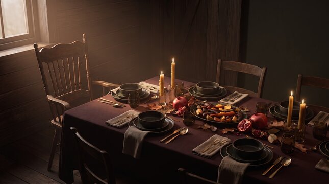 Moody Thanksgiving table setting with roasted vegetables and pomegranates by a window