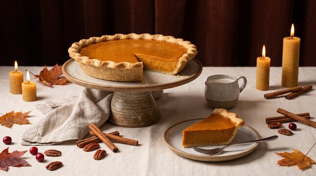 Sliced Thanksgiving pumpkin pie on a rustic stand with cinnamon sticks and candlelight