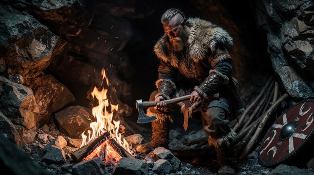 Nordic warrior sharpens axe near campfire inside rocky cave. Bearded man in furs prepares weapon, shield nearby. Firelight illuminates dark den, creating dramatic scene. Historical reenactment,