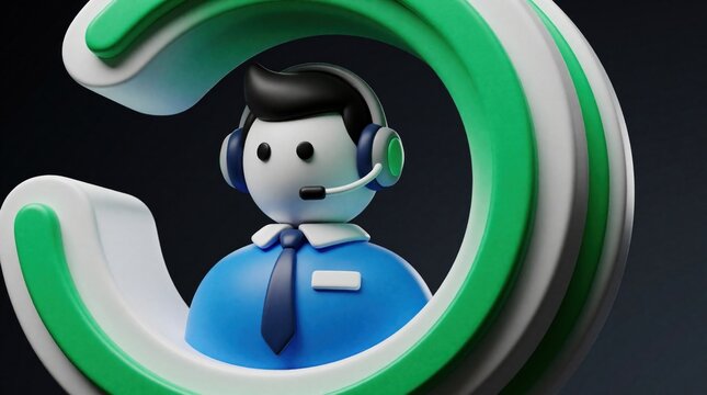 Friendly 3D AI agent icon with headset wearing blue shirt, tie. Digital customer service avatar inside green magnet shape. Concept for client attraction, marketing lead generation, automated help