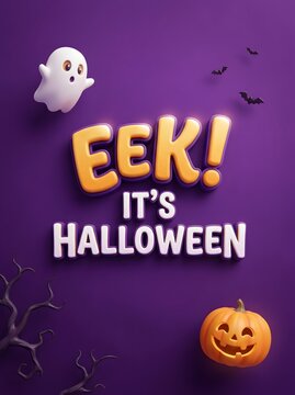 3d halloween greeting card with cute ghost, pumpkin, and bats on a purple background