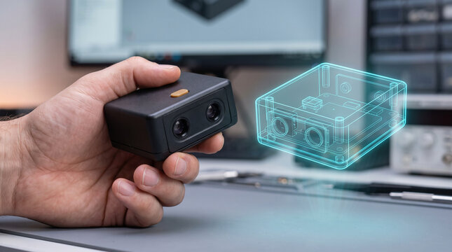 Concept of hand holding a black part overlayed with a blue CAD hologram