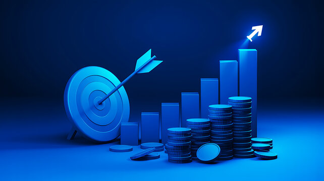 A target with an arrow, bar charts, and stacks of coins on a dark blue monochromatic background.