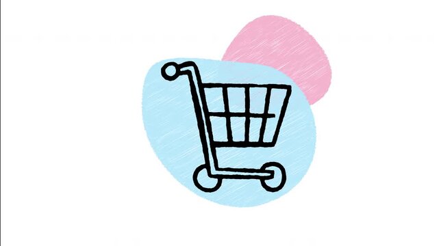 An animated hand-drawn wire frame supermarket shopping cart on rolling wheels. Perfect for online store checkout, e-commerce basket buttons, grocery shopping, and retail apps. 