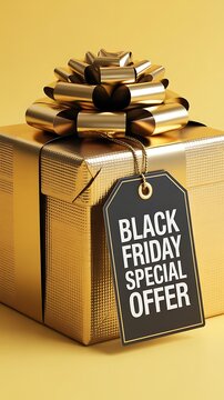 Golden gift box with black friday tag for seasonal shopping and celebrations