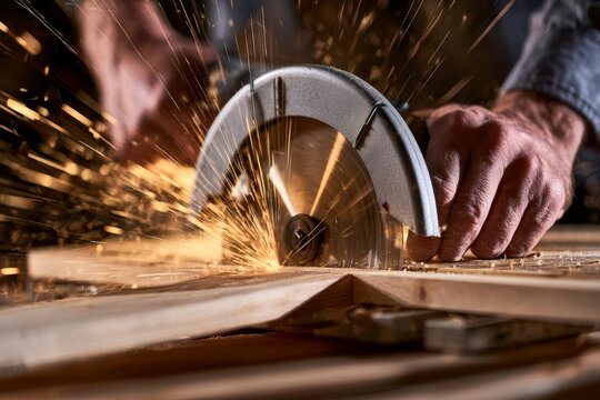 Carpenter's hands using a circular saw to cut wood planks in a workshop