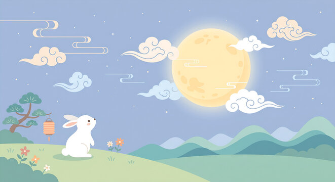 Mid-Autumn festival background with a white rabbit, full moon and asian clouds in flat vector style with empty copy space.