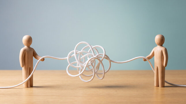 Conflict resolution and complex problem solving concept showing two wooden figures pulling a tangled rope knot