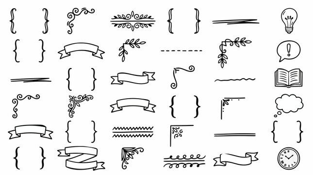 Collection of black hand-drawn doodle design elements including ribbons, brackets, floral flourishes, and icons on a white background.