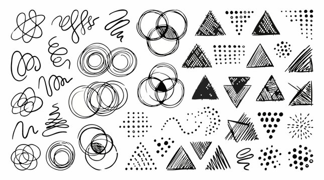 Set of black hand-drawn geometric shapes and abstract doodles isolated on white background.