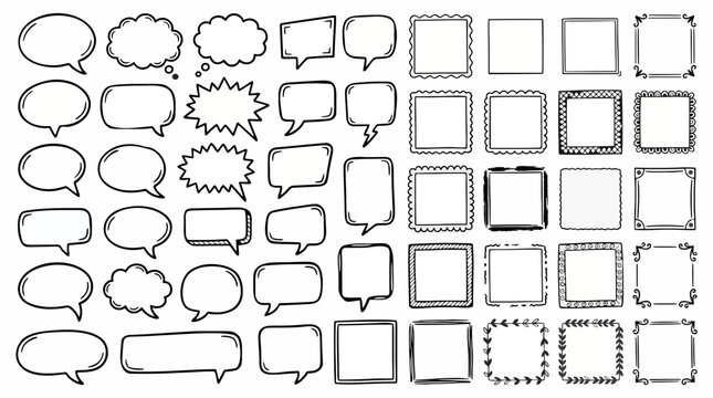 Large set of hand-drawn doodle speech bubbles and decorative square frames in black ink on white background.