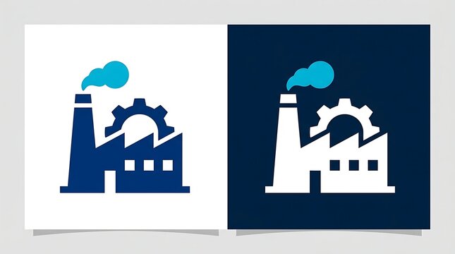 Industrial factory building icon with gear and smoke stack vector illustration