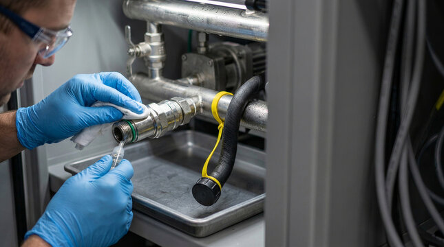 Cooling specialist cleaning a coolant distribution unit fitting and circulation pump connection in a data center liquid cooling system during preventive maintenance service