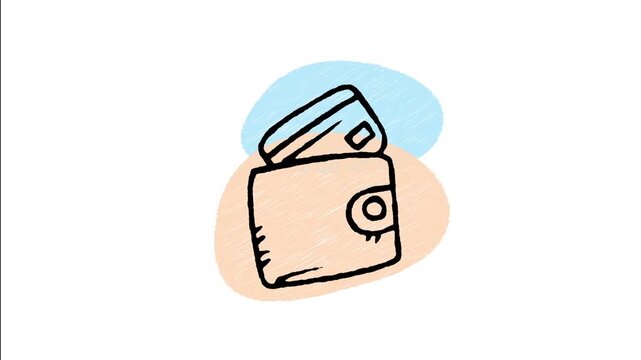 An animated hand-drawn open wallet holding a credit or debit card. Perfect for mobile payments, banking applications, personal finance, credit card debt, cash, and checkout options. 