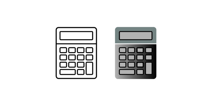 Outline and filled gray calculator icons with number pads on transparent background for finance and math.