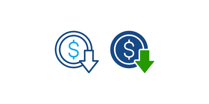 Cost reduction currency icons with blue dollar coin and green downward arrow for financial budget analysis reporting charts.