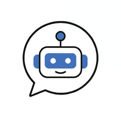 Naklejka premium Cute blue robot face in speech bubble representing artificial intelligence and chat support with robot icon AI bot customer service machine learning virtual assistant