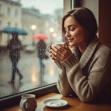 Young Woman Enjoying Hot Coffee at Cafe Window on Rainy Day