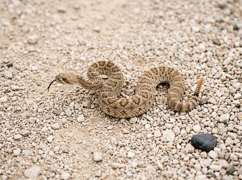 A venomous rattlesnake with its tongue flicking out, coiled on a rocky desert ground in its natural habitat