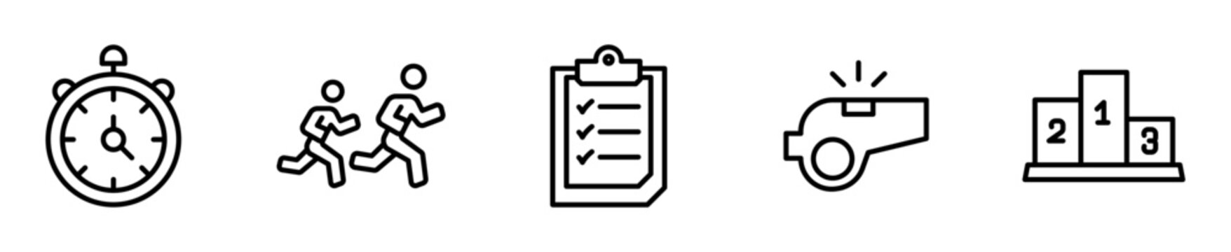 Set de iconos de deporte y campeonato. Cron&oacute;metro, competencia, tabla de posiciones, silbato y podio. Vector outline