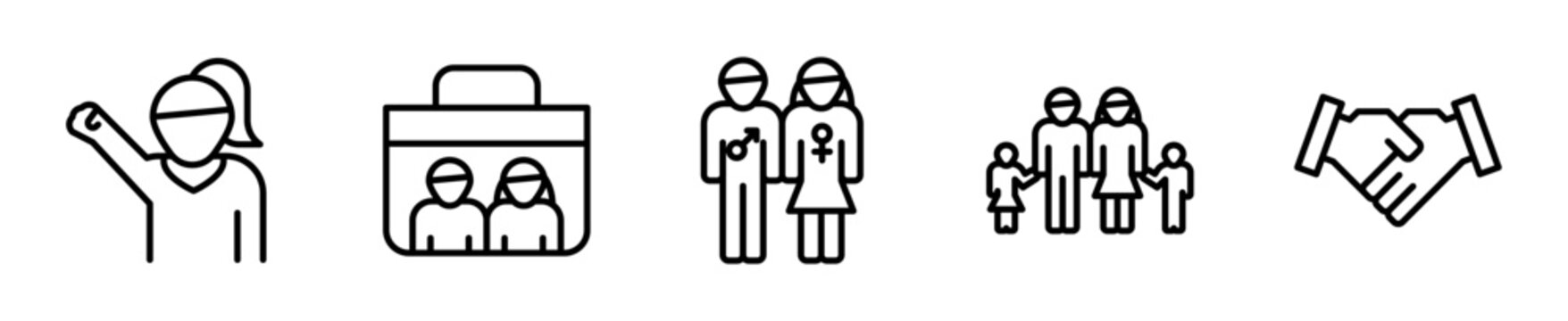 Set de iconos de igualdad de g&eacute;nero. Equidad hombre y mujer, oportunidades laborales, empoderamiento femenino, respeto y diversidad de roles. Vector outline