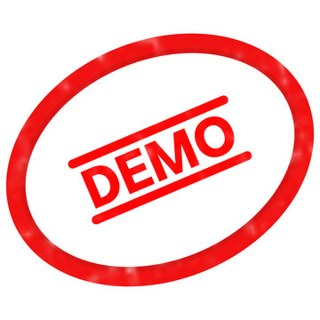 Red demo rubber stamp icon, oval demonstration seal on white background, trial version mark for software and product testing